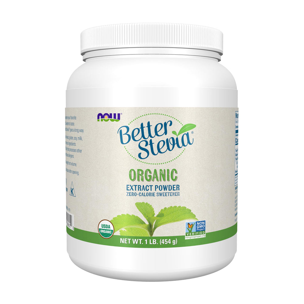 NOW BetterStevia front packaging showing organic label and benefits