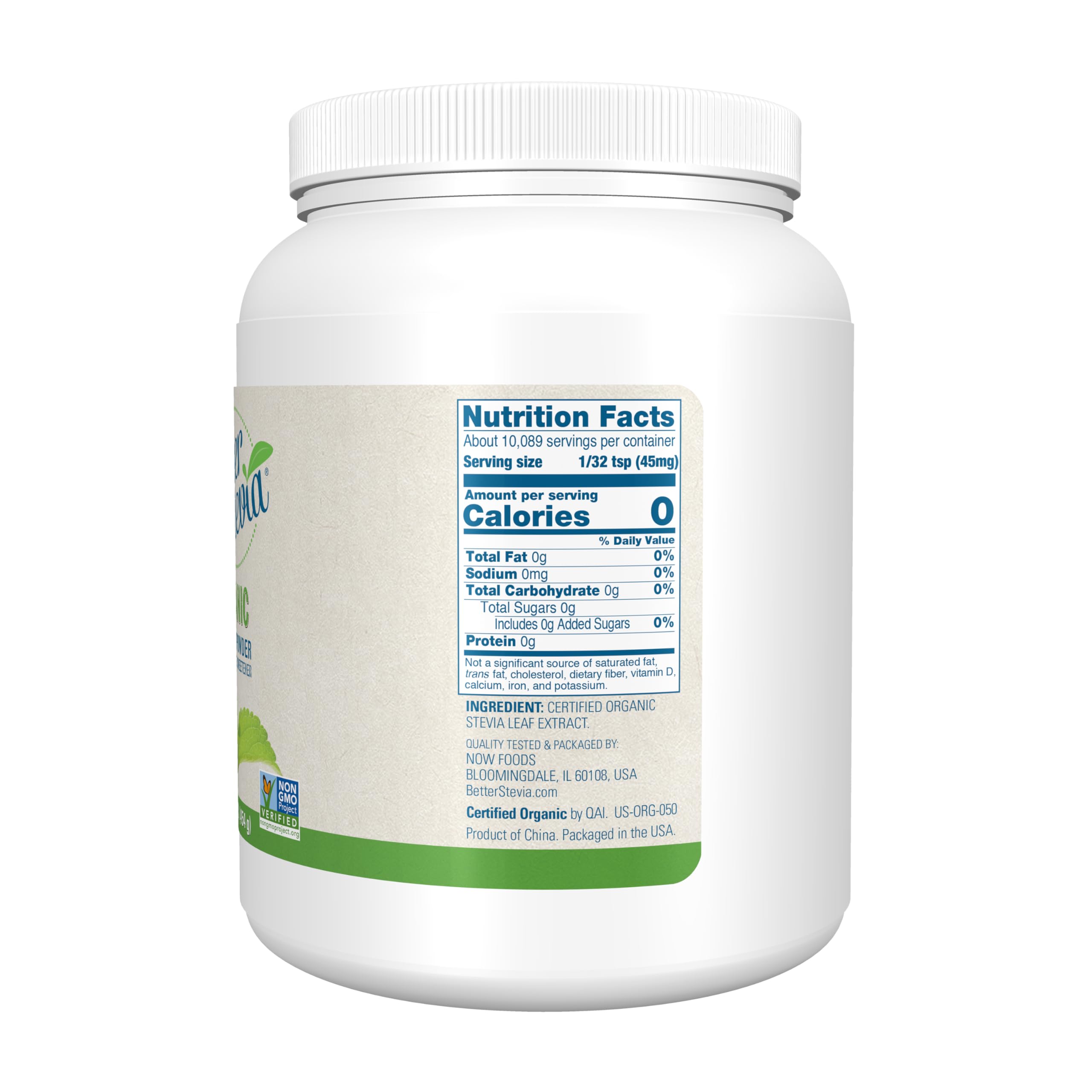 close-up of NOW BetterStevia powder texture highlighting fine, free-flowing extract