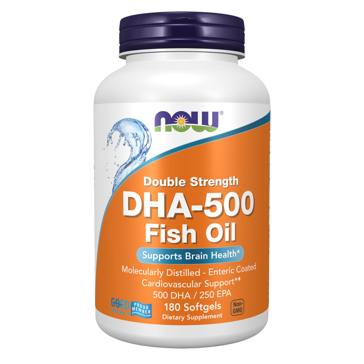 NOW DHA-500 front bottle showing label and 180-count benefit