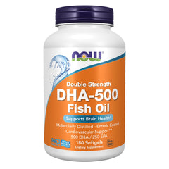 NOW DHA-500 front bottle showing label and 180-count benefit
