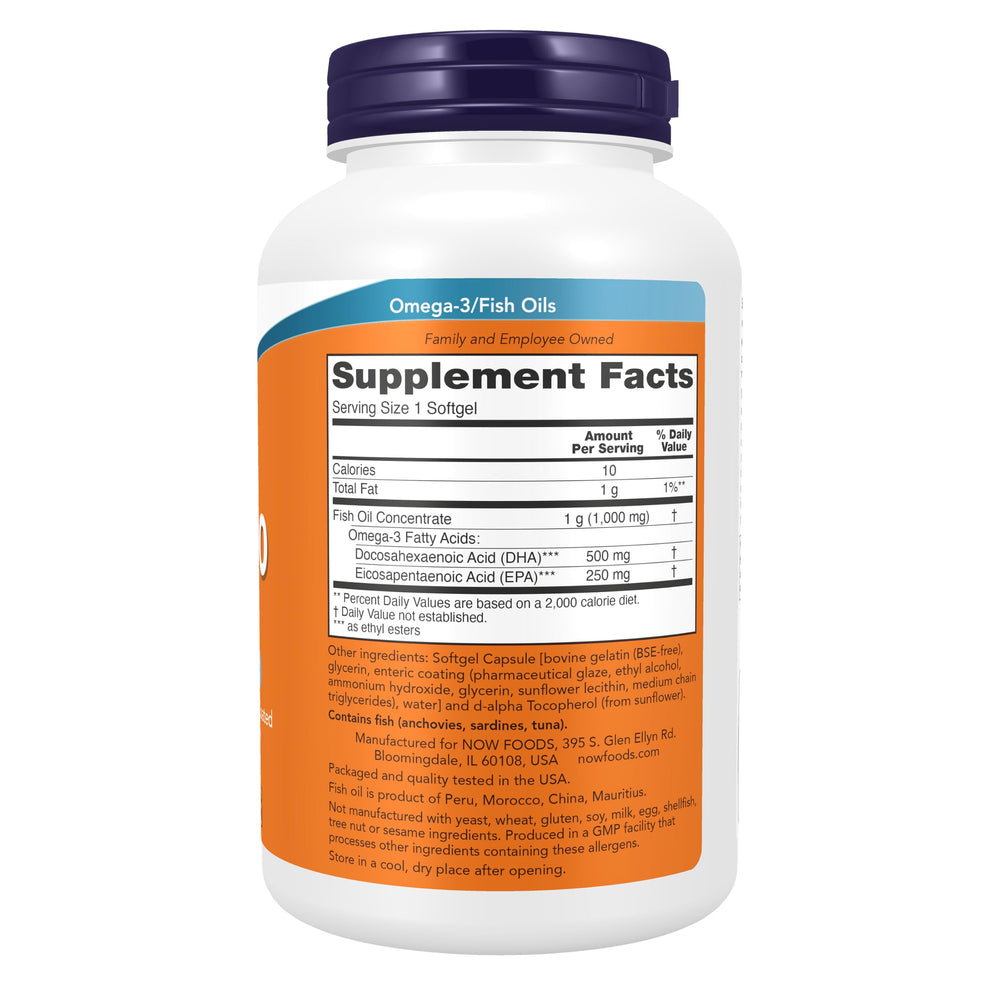 NOW DHA-500 softgels close-up highlighting smooth, odor-controlled surface