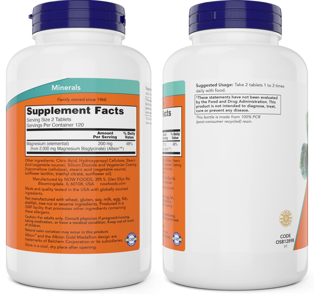 NOW Foods bottle open with tablets spilling, illustrating bottle count and convenience