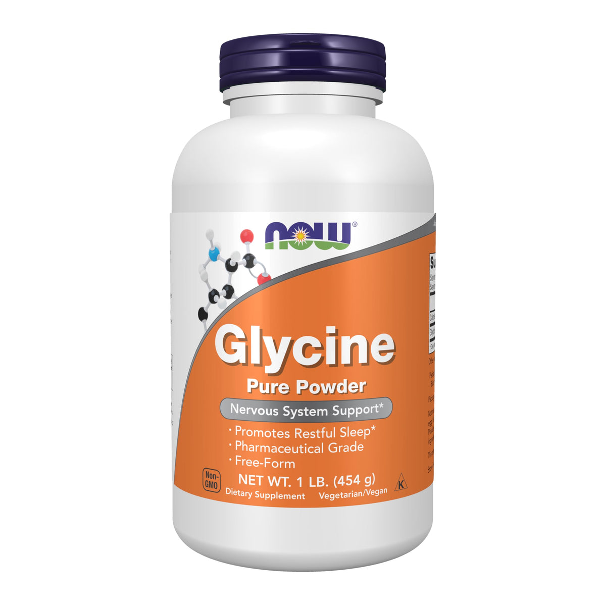 NOW glycine front packaging showing clean powder container and brand