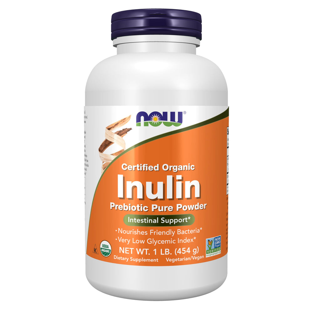 NOW inulin front packaging showing product and weight benefit of organic fiber