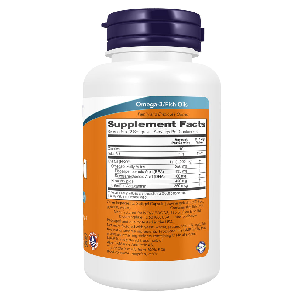 NOW krill oil softgels close-up highlighting smooth softgel texture and convenient dosing benefit