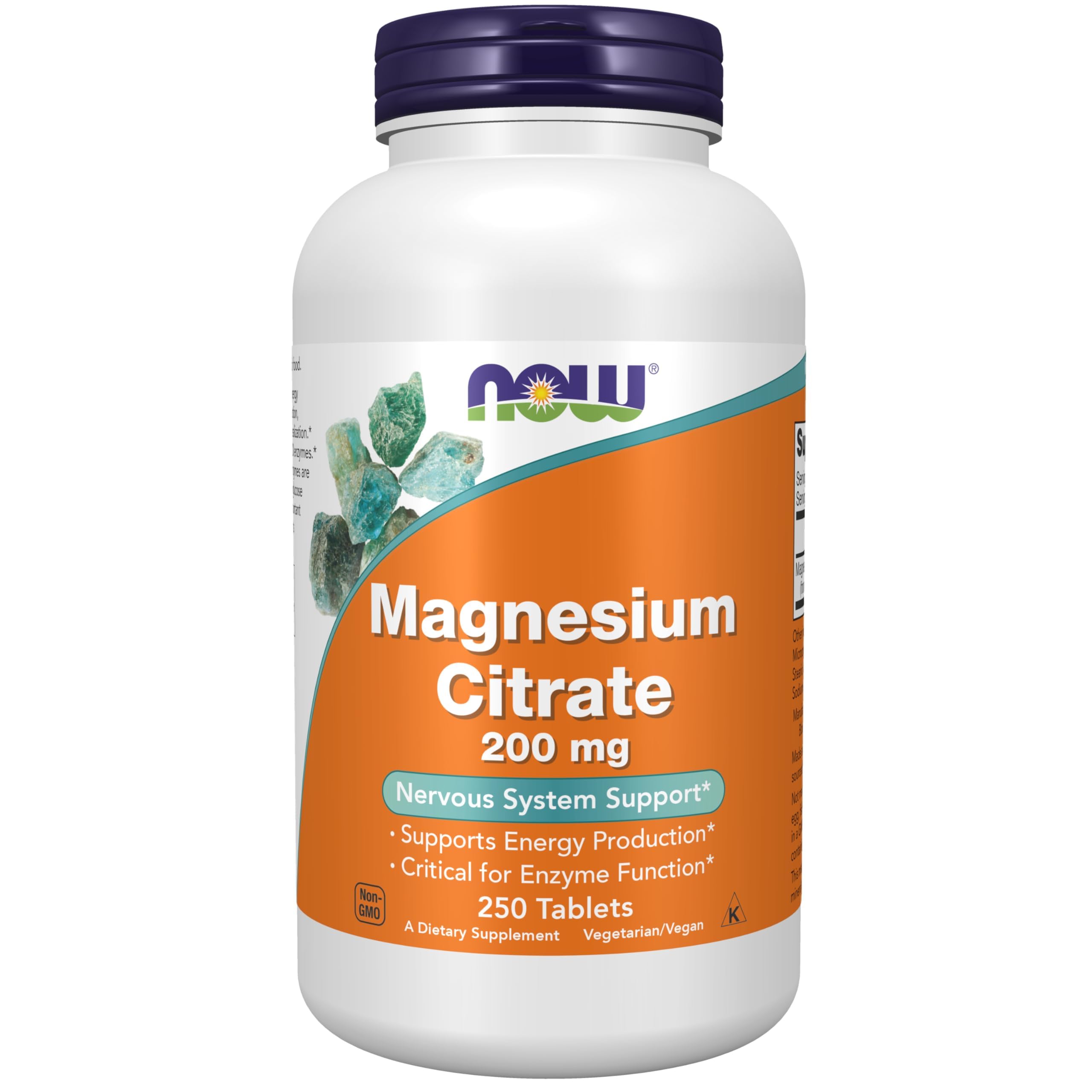 NOW magnesium citrate front bottle showing label and quantity, clear product identity benefit