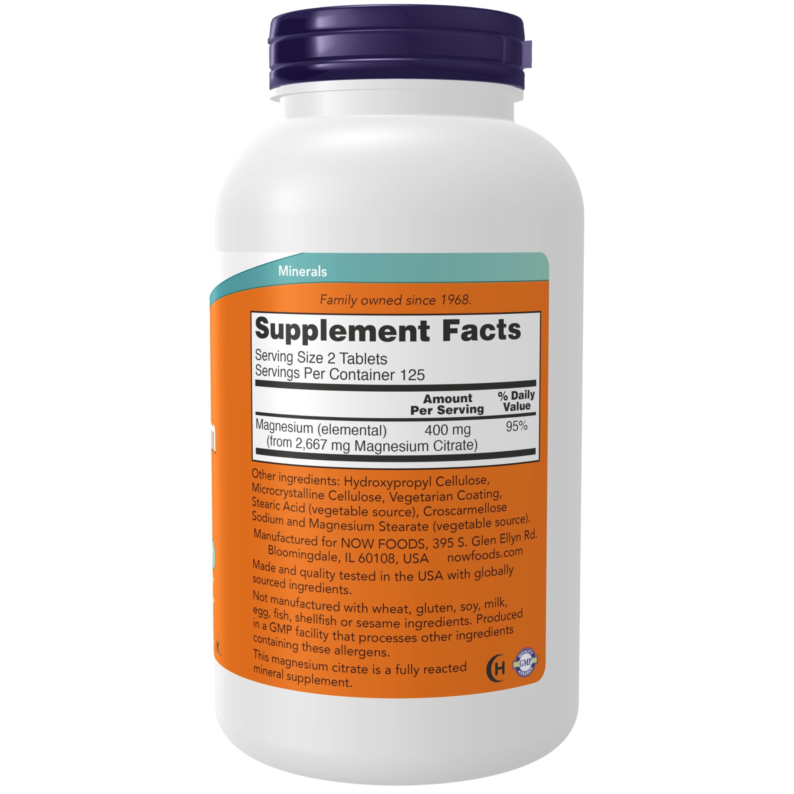 NOW magnesium citrate tablets close-up texture and size, highlighting easy swallowing benefit