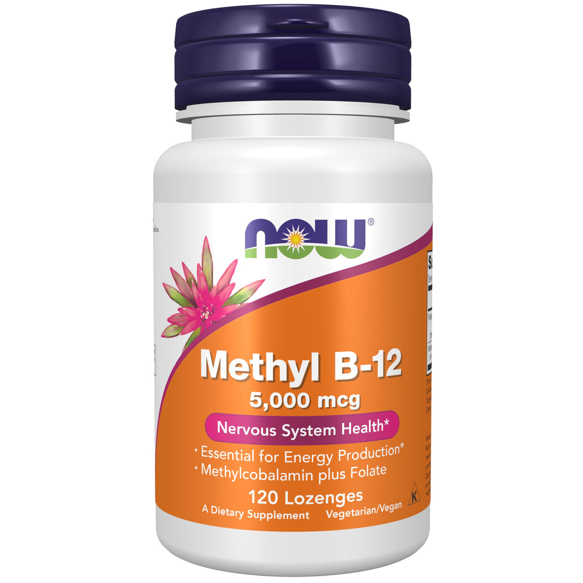 NOW methyl B-12 front jar showing label and certification benefits