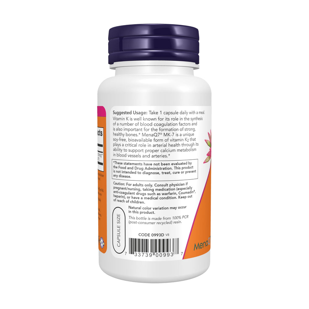 NOW MK-7 label ingredient detail showing MenaQ7 trademark and purity benefits