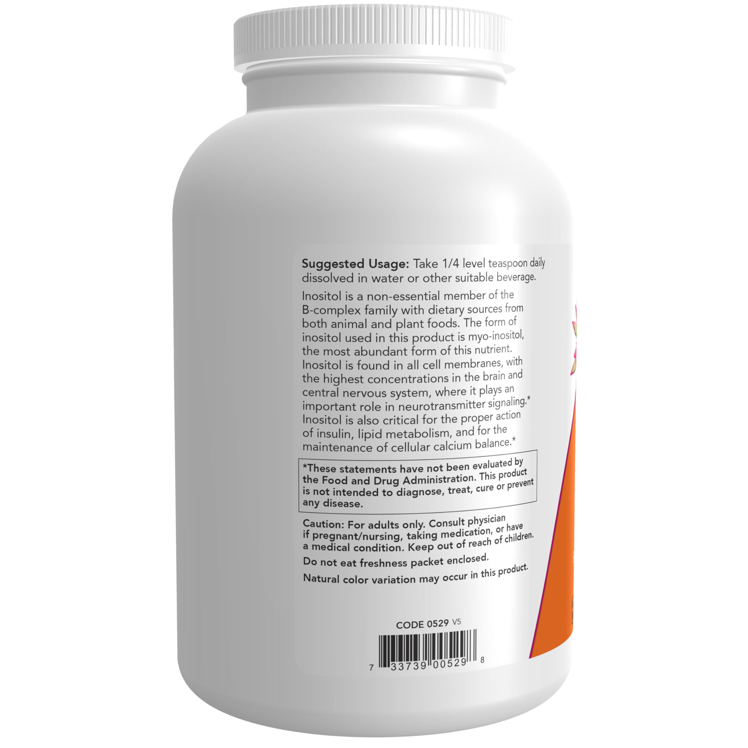 NOW myo-inositol powder texture detail highlighting fine consistency for fast dissolving