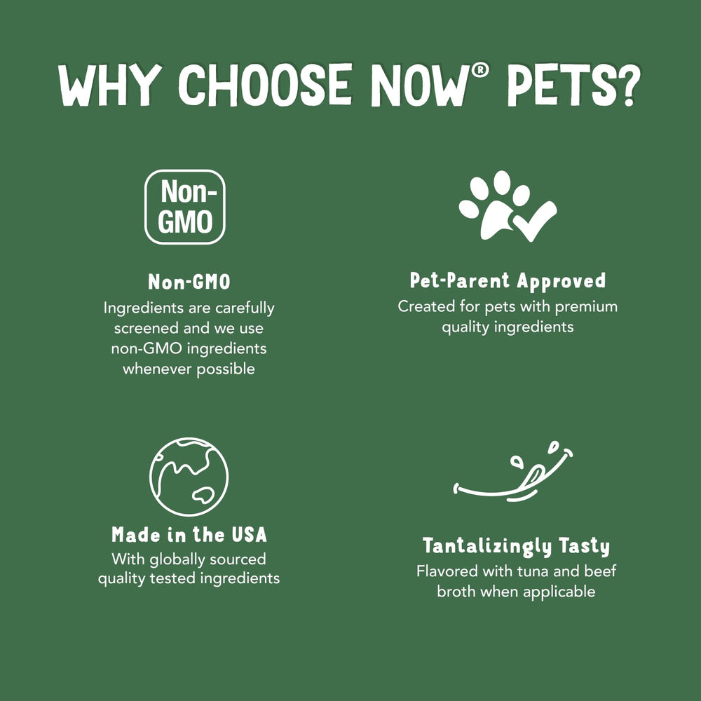 NOW Pets supplement label ingredient panel showing UC-II and manufacturing transparency