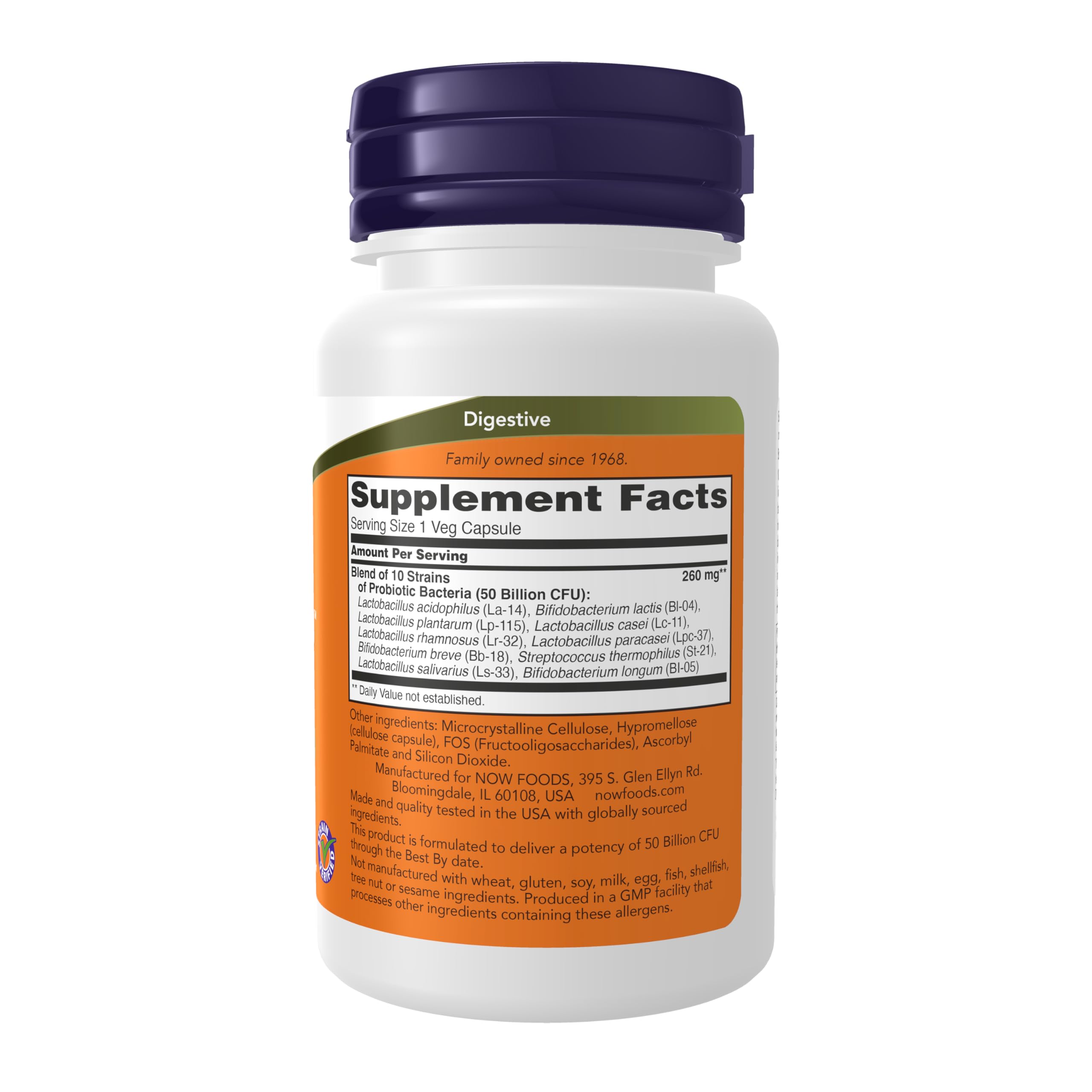 NOW Probiotic-10 vegetarian capsule closeup illustrating easy swallowing benefit