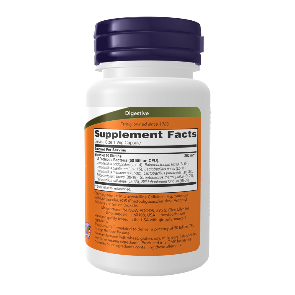 NOW Probiotic-10 vegetarian capsule closeup illustrating easy swallowing benefit