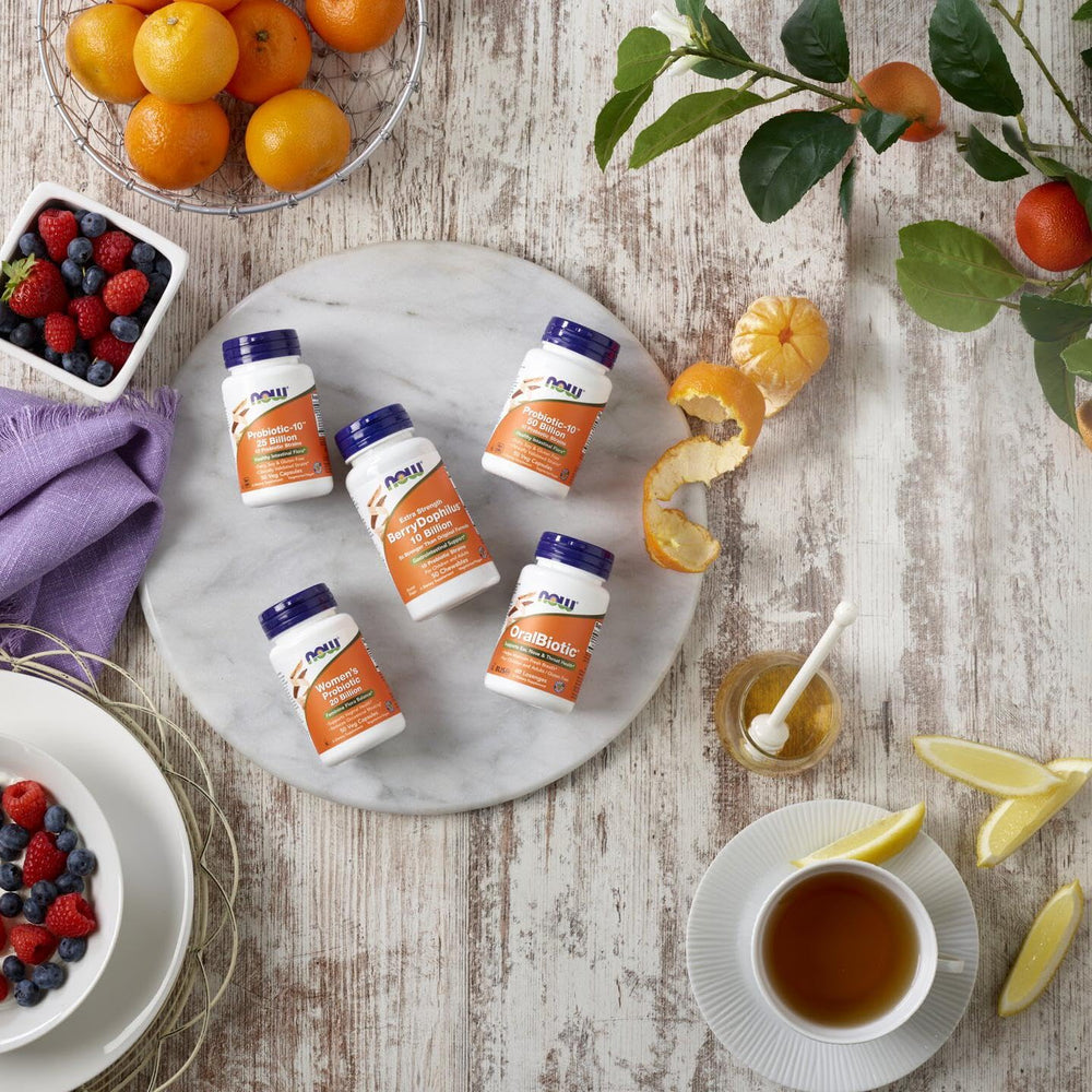 NOW Probiotic-10 stored on shelf showing stable storage and potency benefit