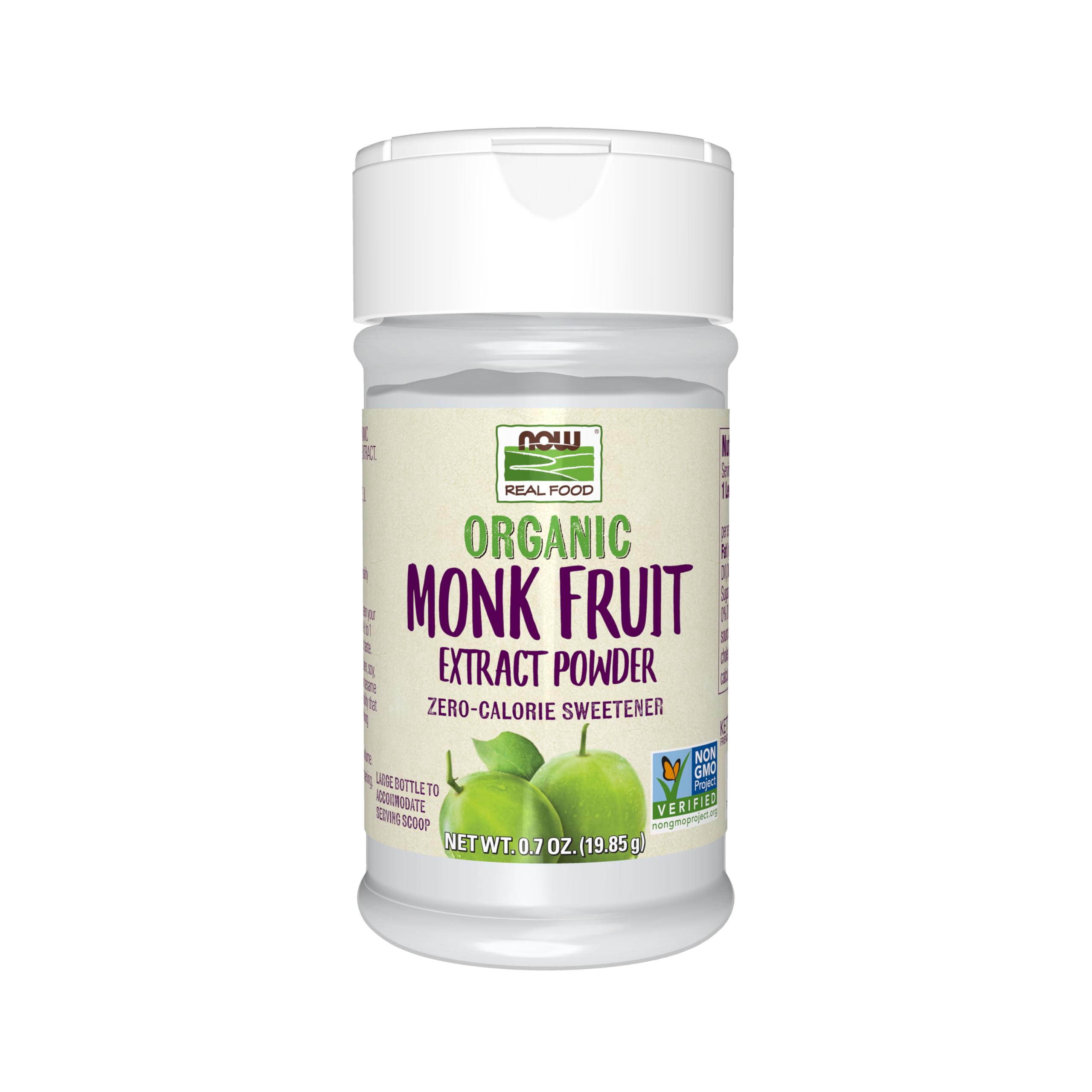 NOW Real Food front jar view showing organic monk fruit extract for clean sweetness