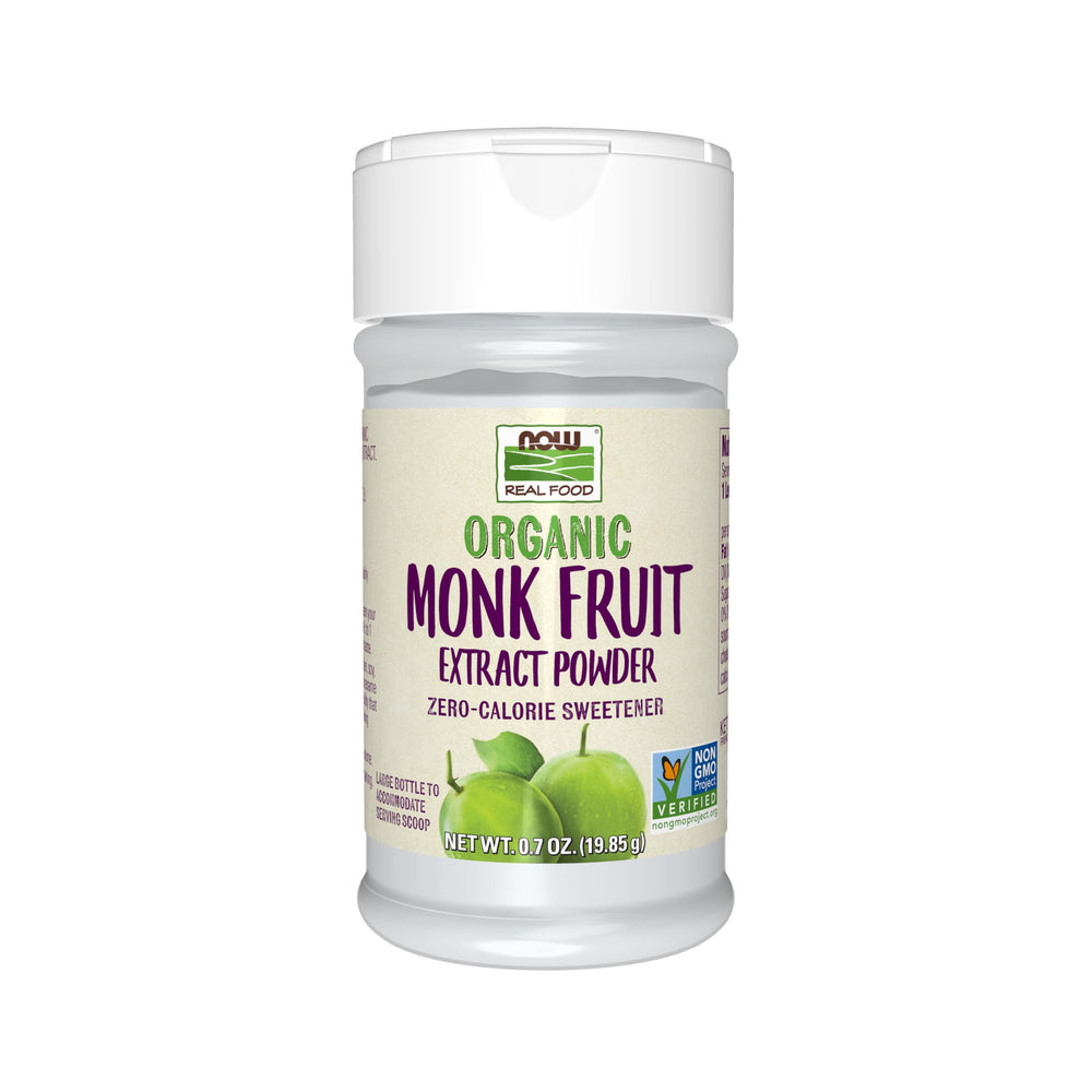 NOW Real Food front jar view showing organic monk fruit extract for clean sweetness