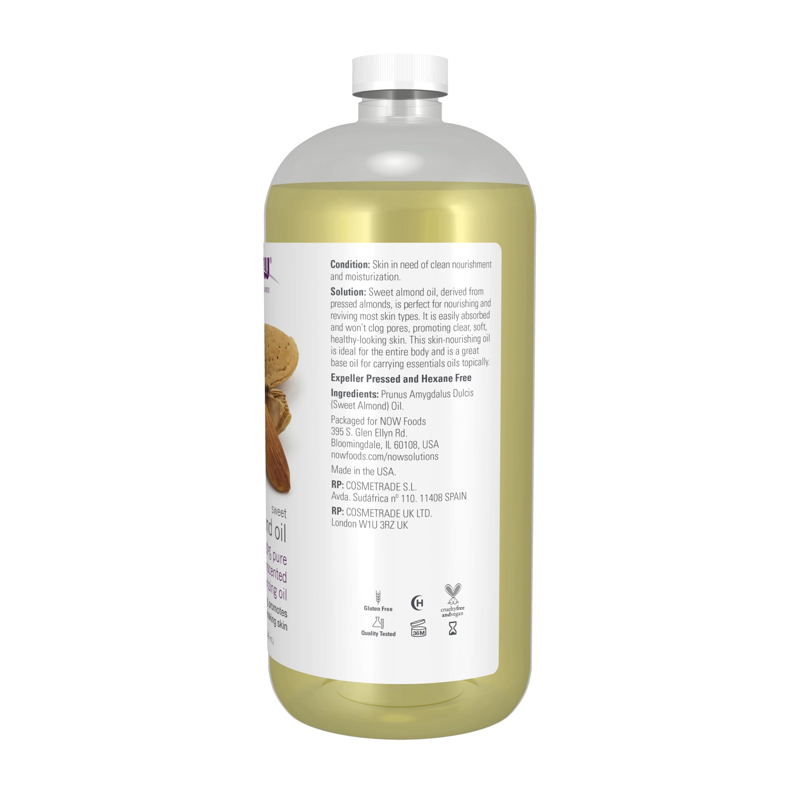 NOW almond oil pouring from bottle, showing smooth pourability benefit