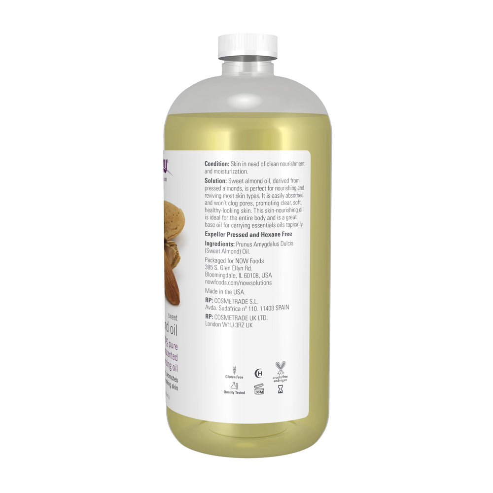 NOW almond oil pouring from bottle, showing smooth pourability benefit