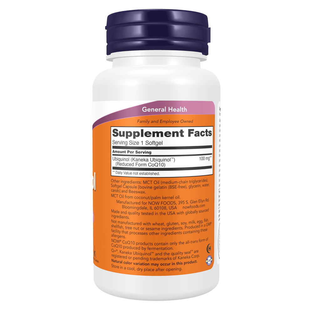 NOW ubiquinol softgel close-up highlighting smooth texture and easy swallowing benefit