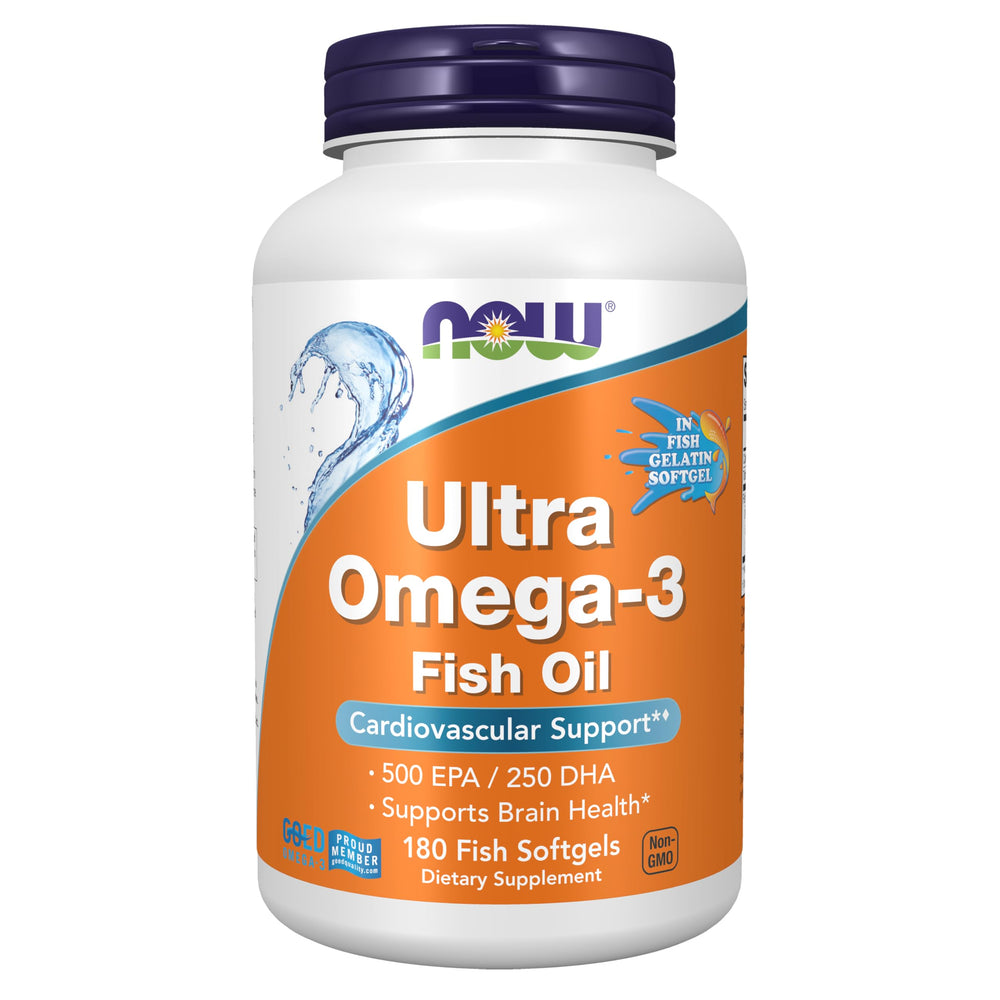 NOW Ultra Omega-3 front bottle view showing product packaging and 180-count benefit