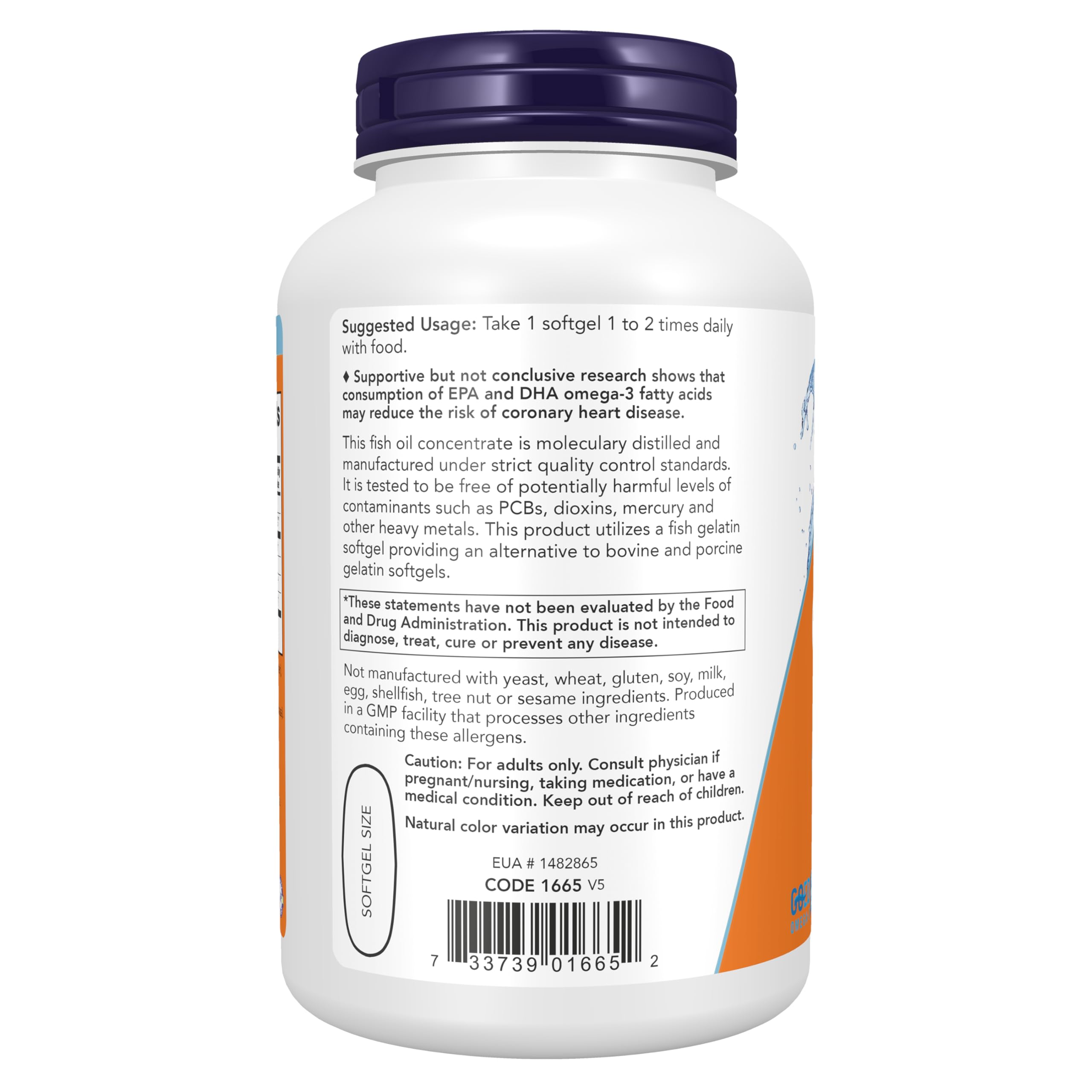 NOW product label close-up displaying EPA and DHA amounts for dosage clarity