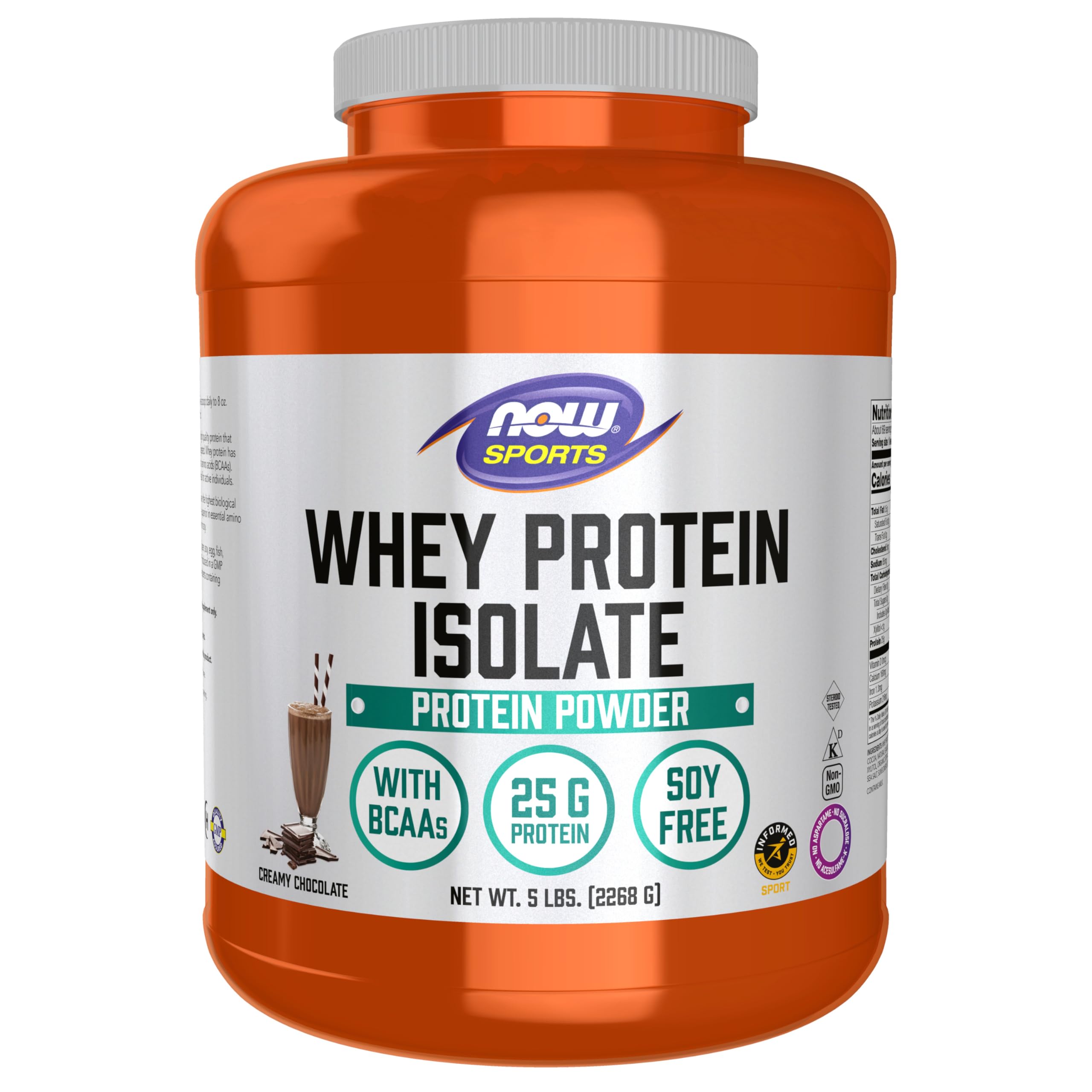 NOW front packaging showing 5 pound tub and Dutch chocolate flavor benefit clarity