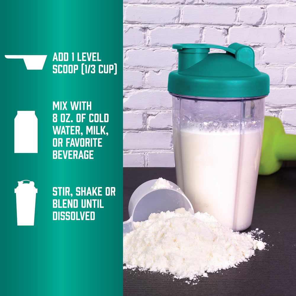 NOW mixed chocolate shake in glass demonstrating creamy taste and easy mixing