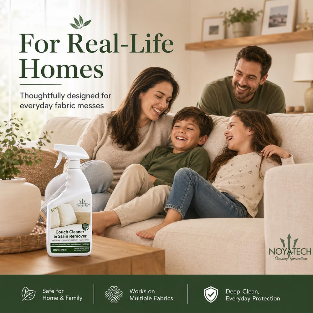 NOYATECH lifestyle living room scene showing refreshed sofa after practical cleaning