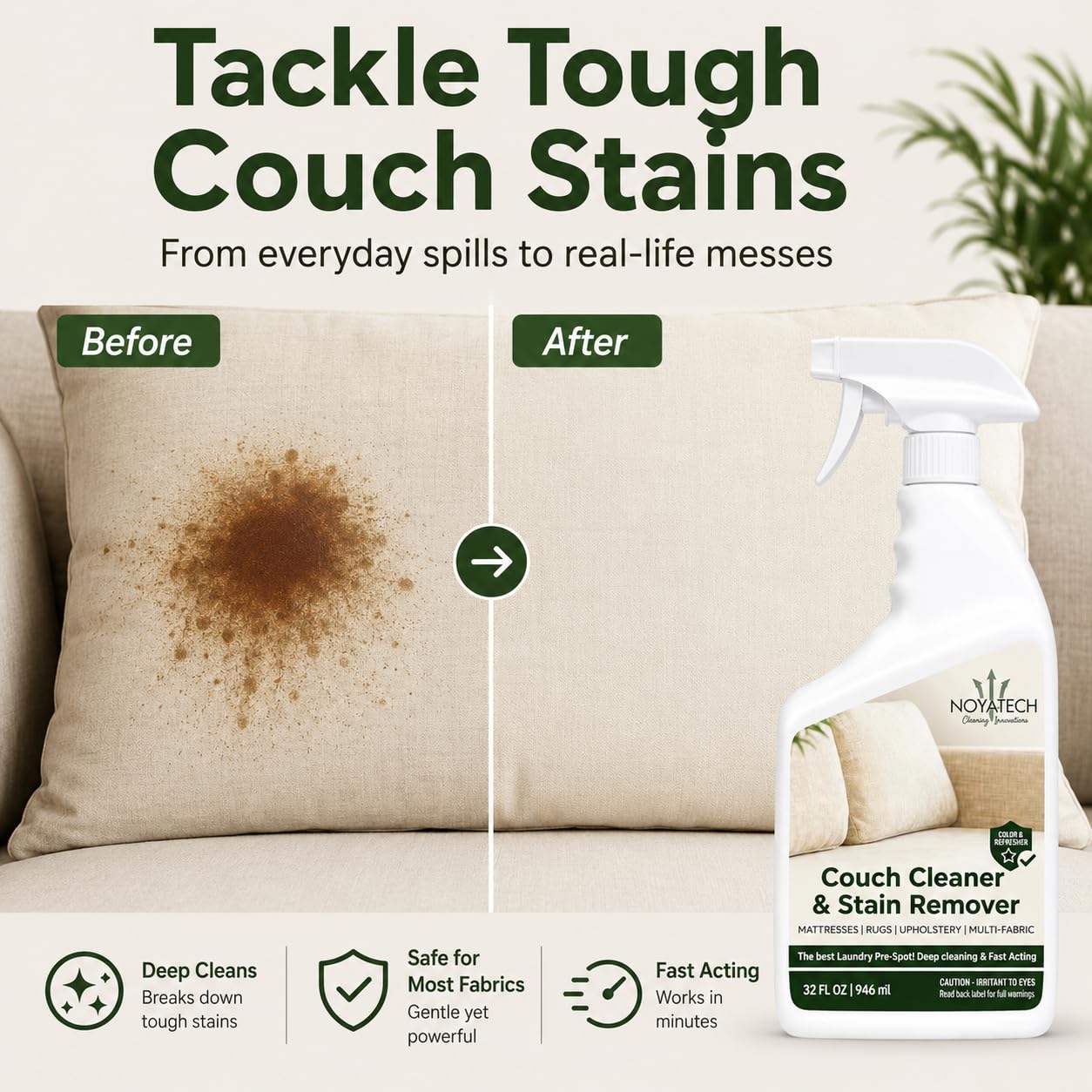 NOYATECH spray action on couch demonstrating easy application and fast stain targeting