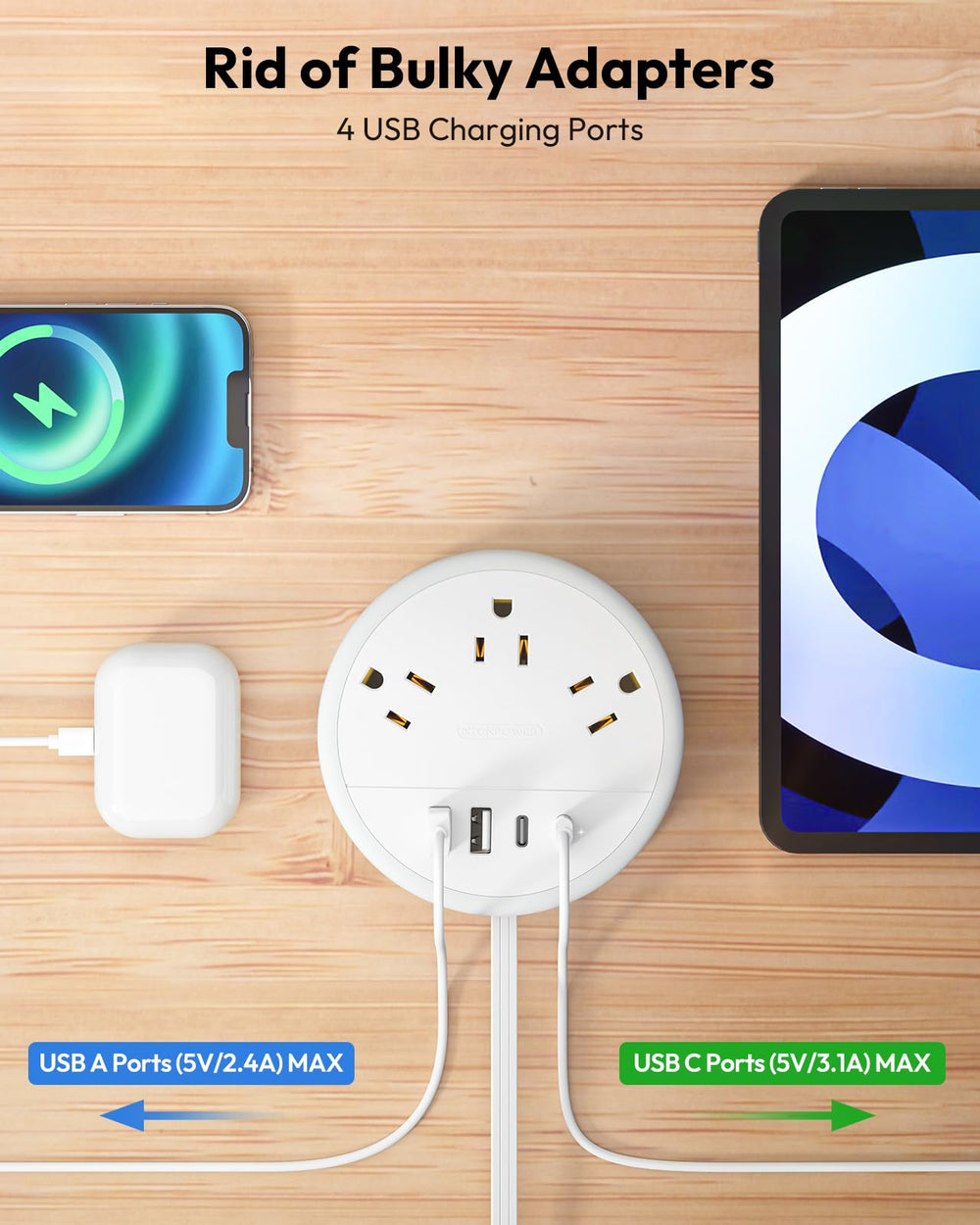 NTONPOWER ultra thin flat plug close-up fits tight outlet spaces