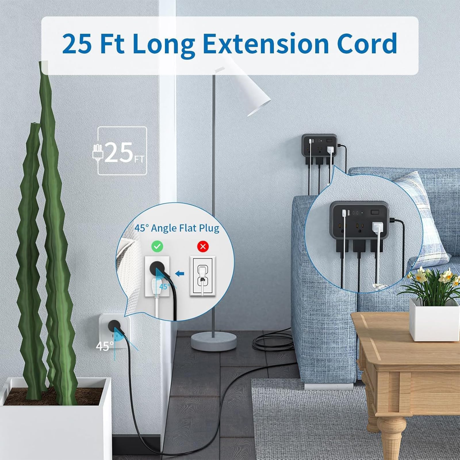 NTONPOWER flat plug tucked under furniture enabling space-saving placement