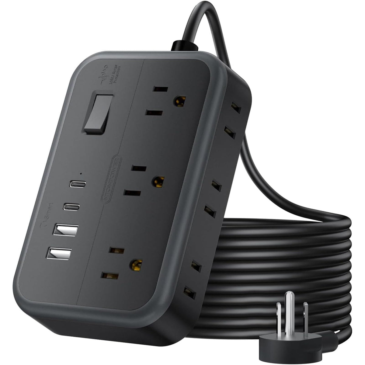 NTONPOWER front view showing six AC outlets and four USB ports for versatile powering