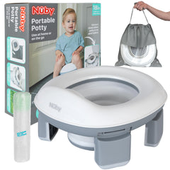 Nuby portable potty front view showing compact travel-ready design and convenience