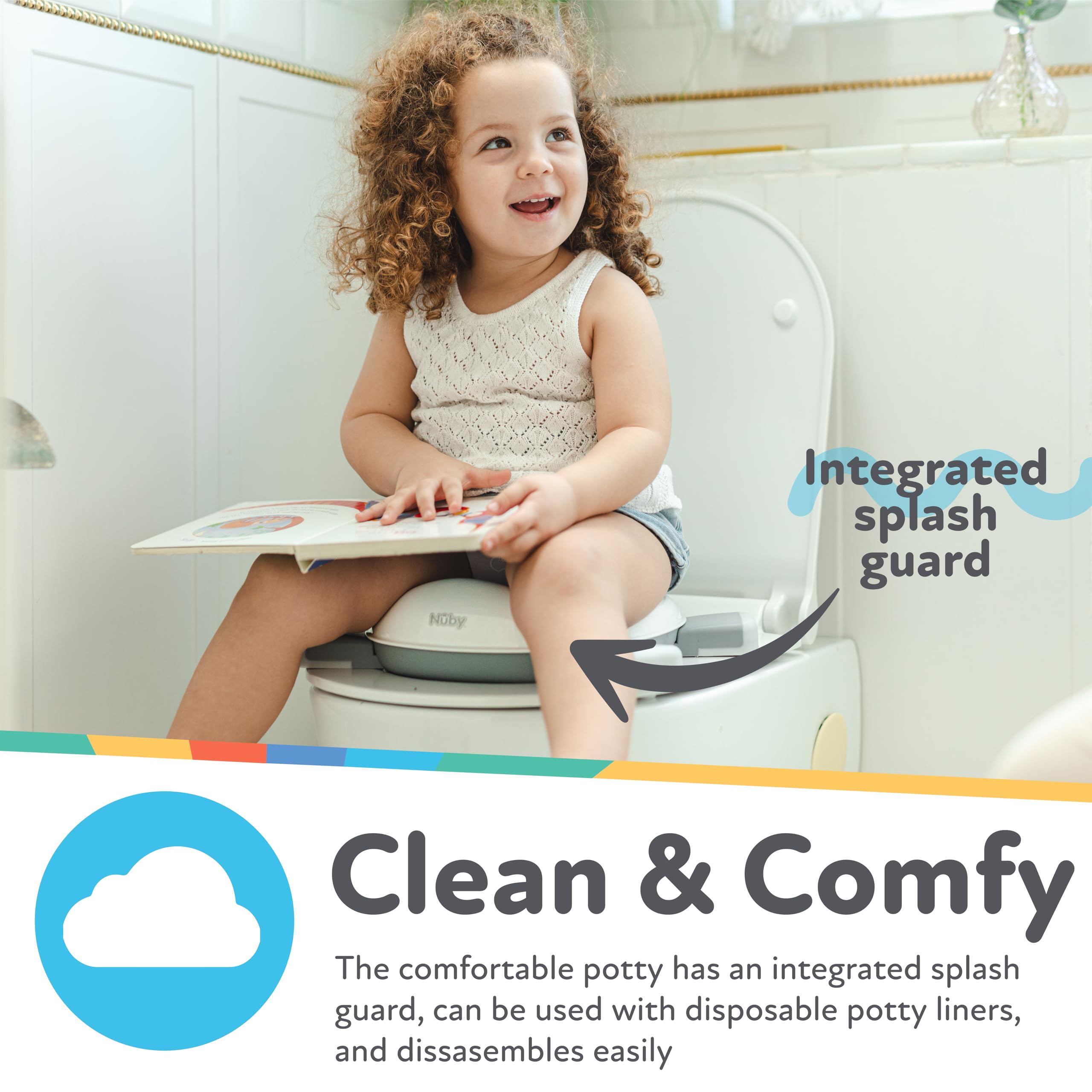 Nuby potty collapsed in storage bag for easy transport and space-saving benefit