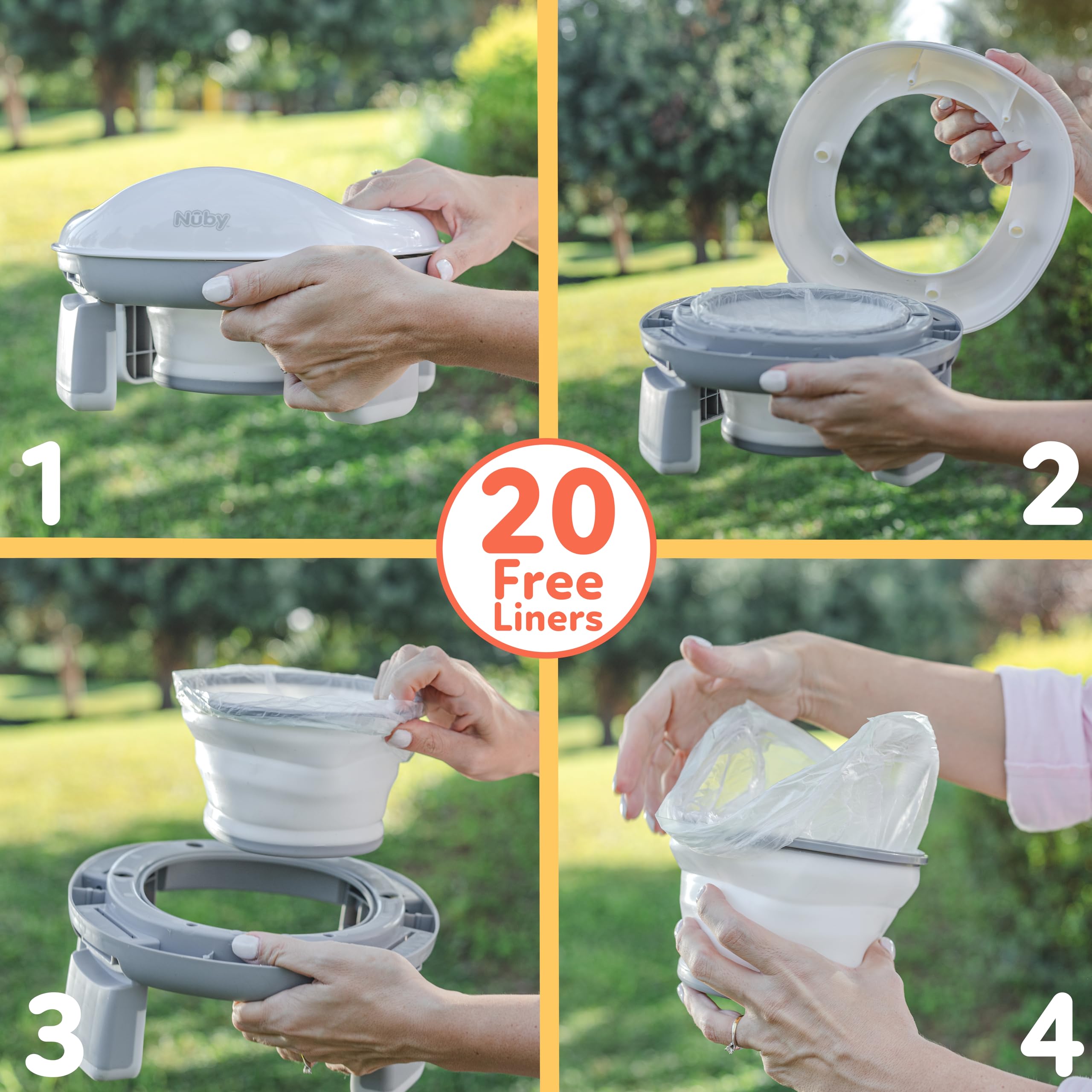 Nuby potty next to diaper bag illustrating compact size and portability benefit
