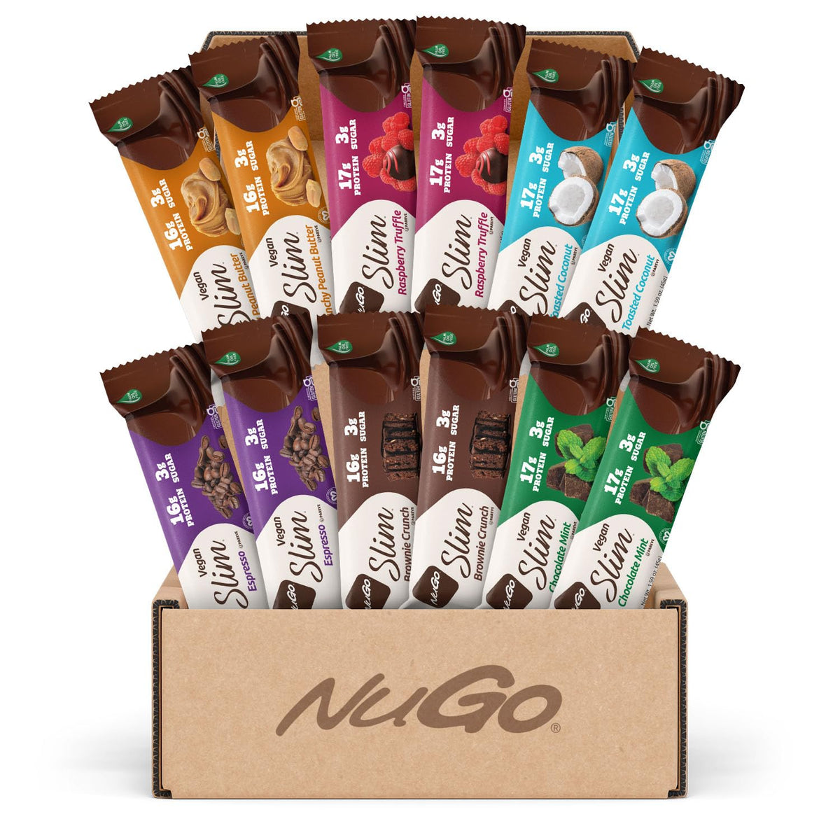 NuGo Slim sample box front packaging showing variety and convenience