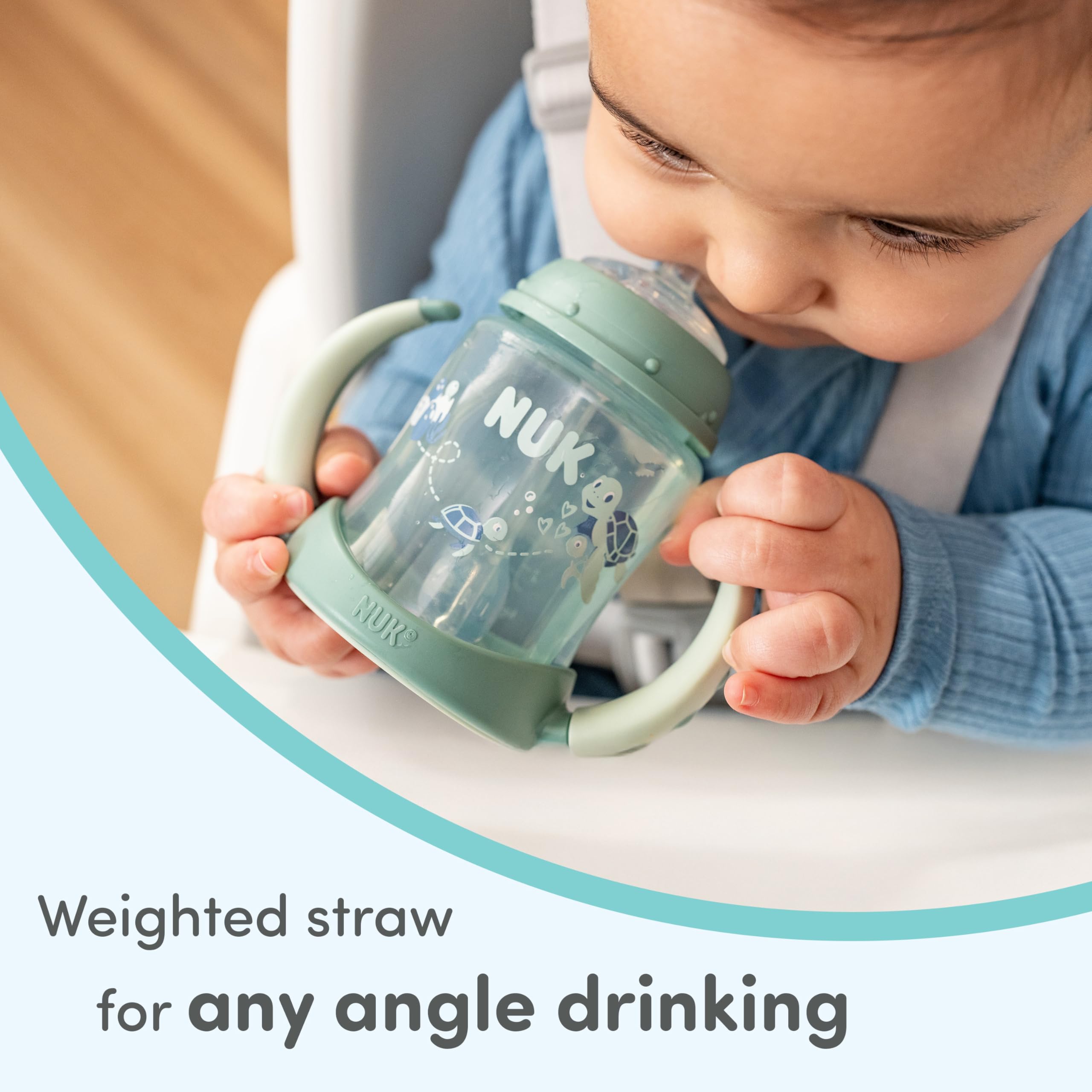 NUK lid and air vent close-up showing reduced air ingestion and spill control