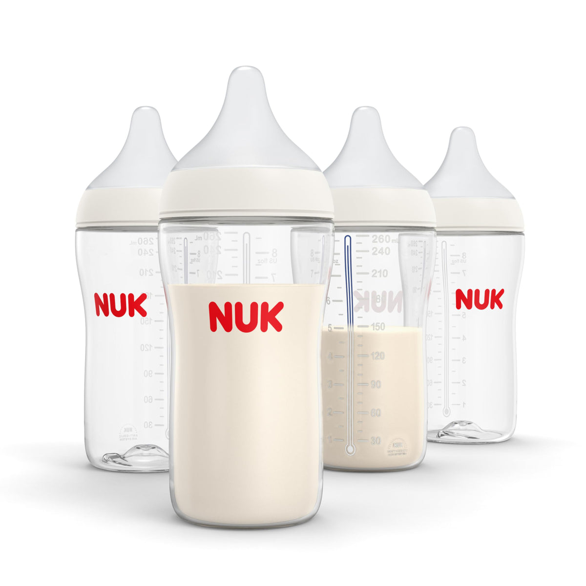 NUK front packaging showing four 8 oz bottles and benefits