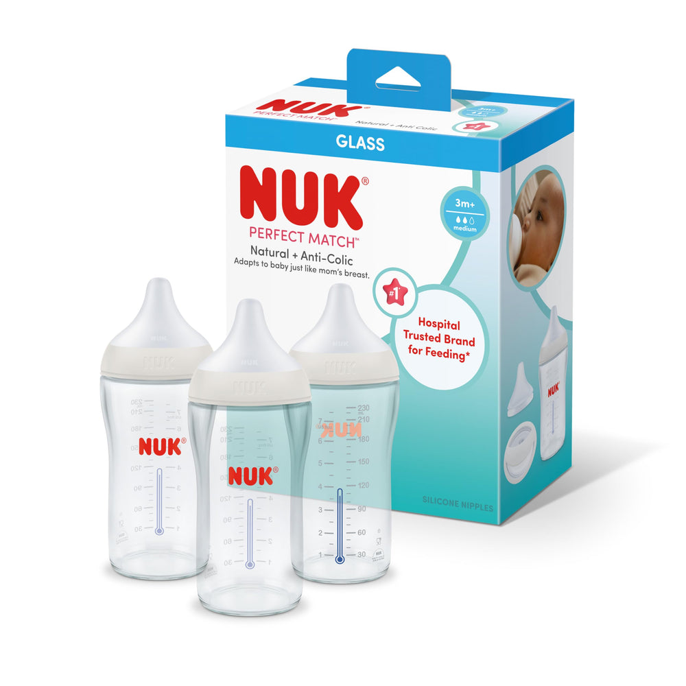 NUK front packaging of three glass bottles showing contents and benefit