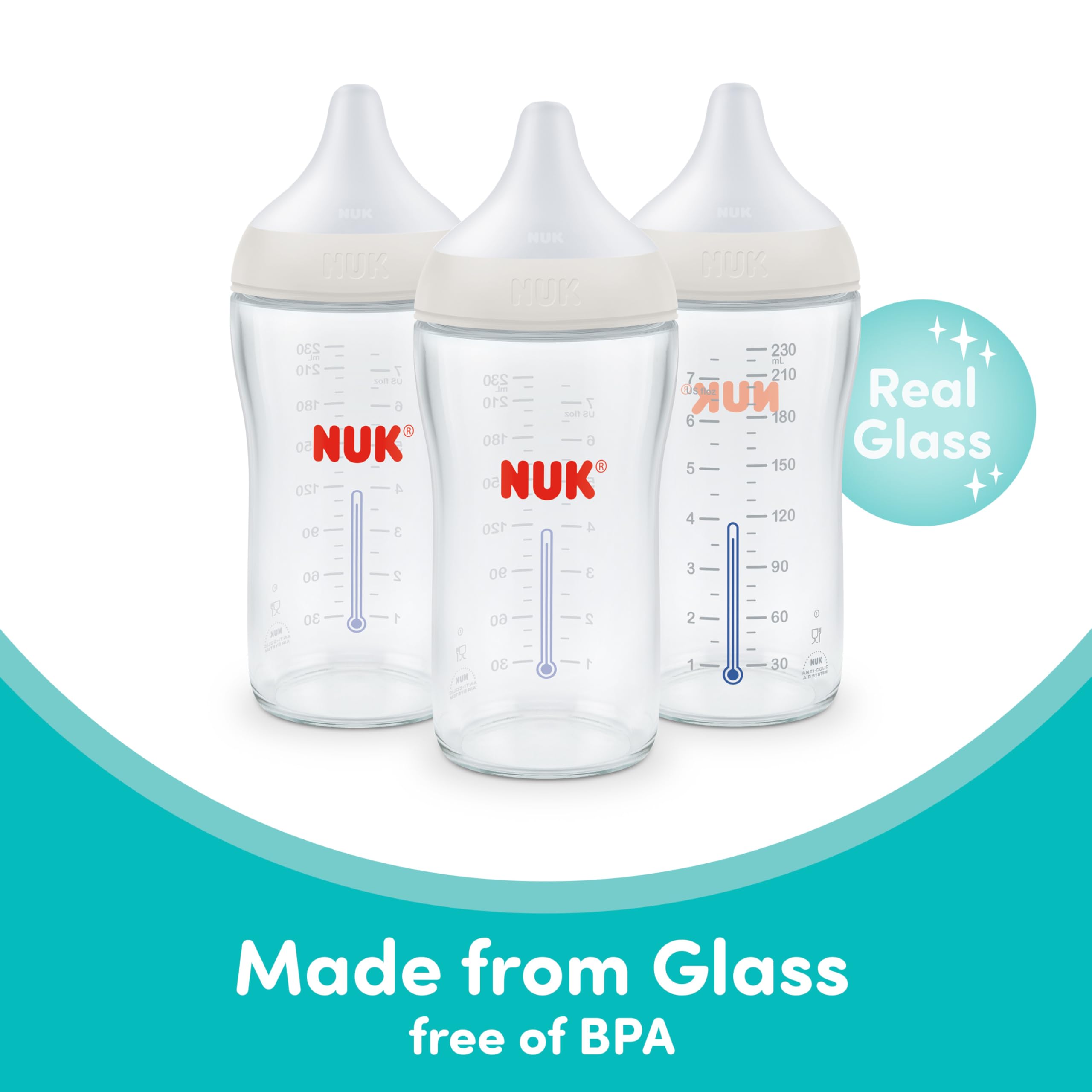 NUK SafeTemp indicator on bottle showing temperature cue for safe feeding