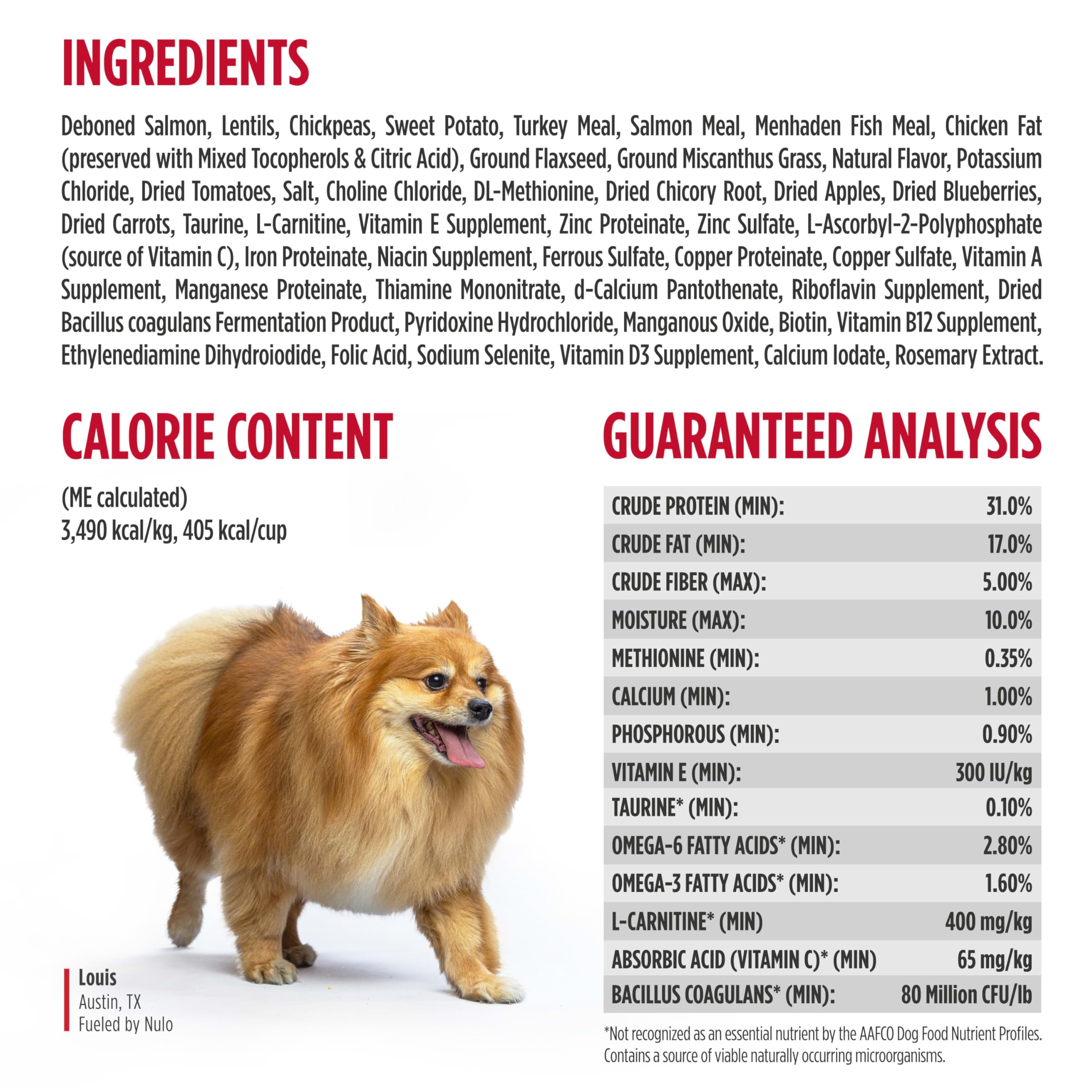 Nulo 6 lb bag nutrition label close-up showing ingredient transparency