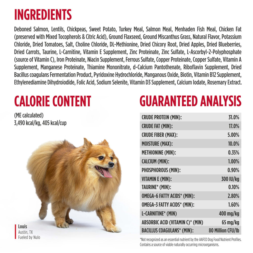Nulo 6 lb bag nutrition label close-up showing ingredient transparency