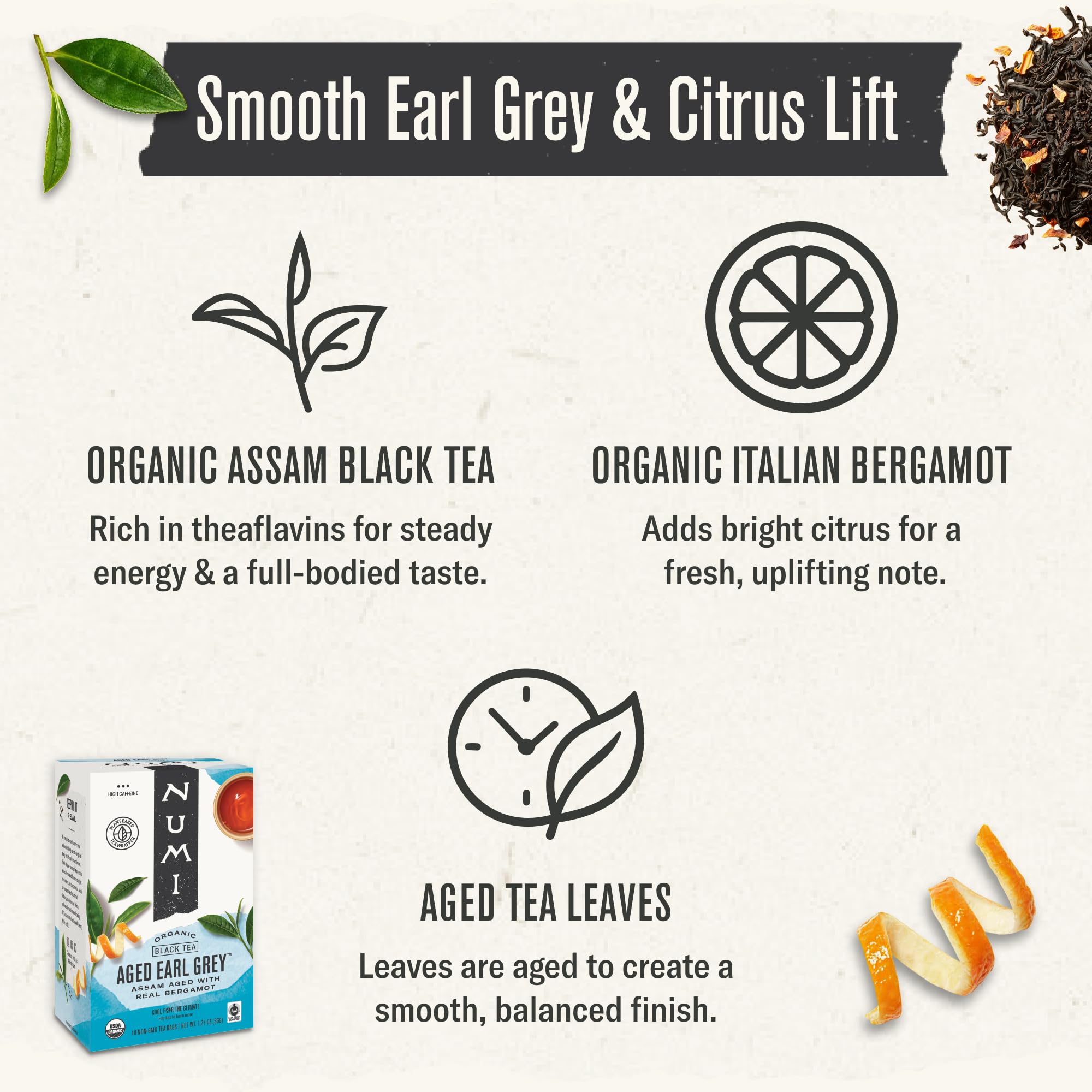 Numi brewed cup of Earl Grey steaming, illustrating balanced taste benefit