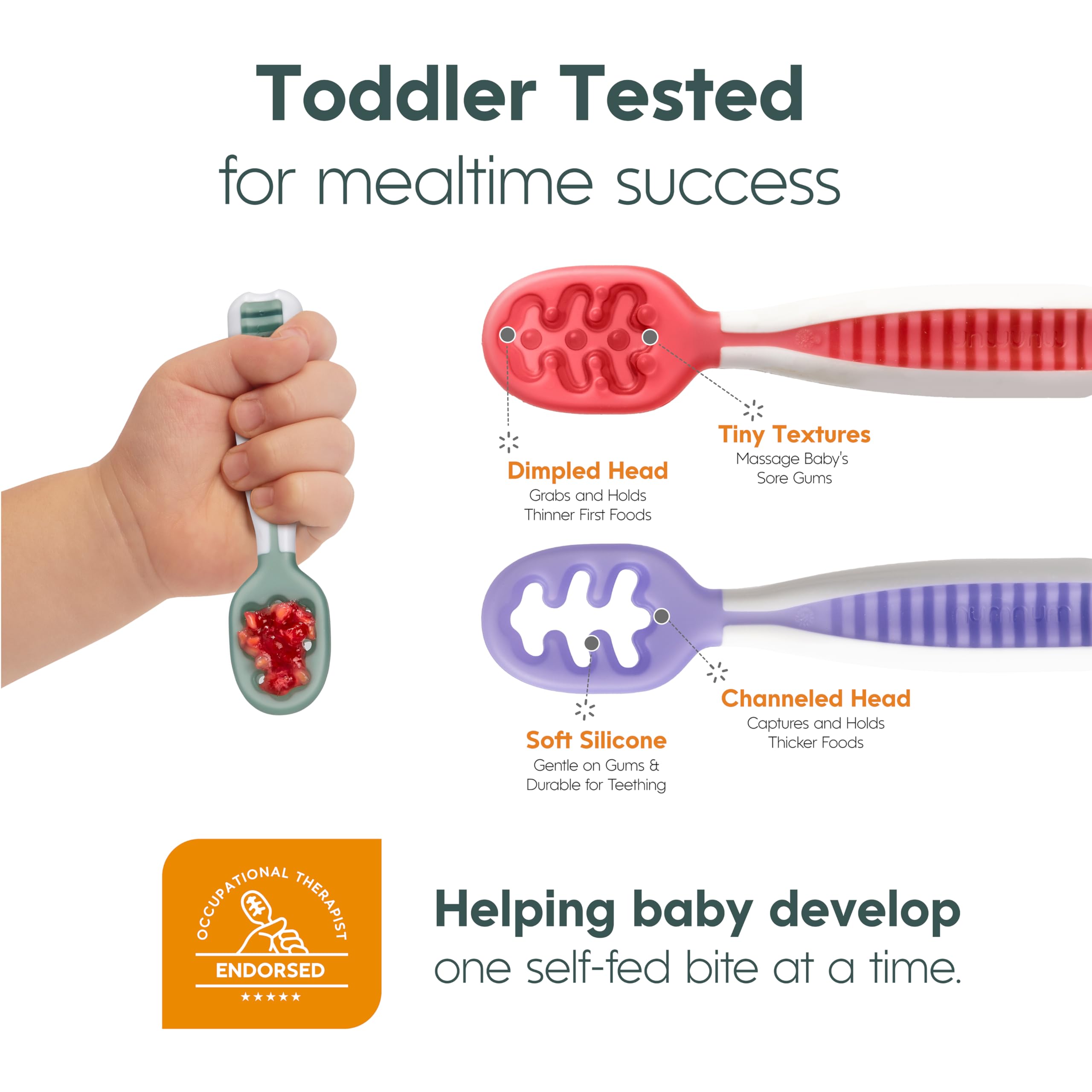 Baby using NumNum spoon independently to build feeding confidence