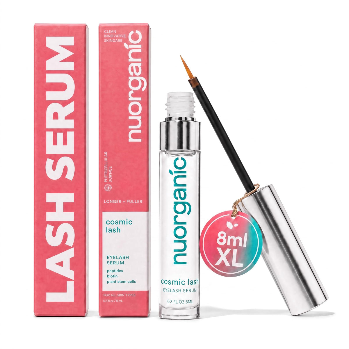 NuOrganic Cosmic Lash front packaging showing bottle and box, clear product benefit