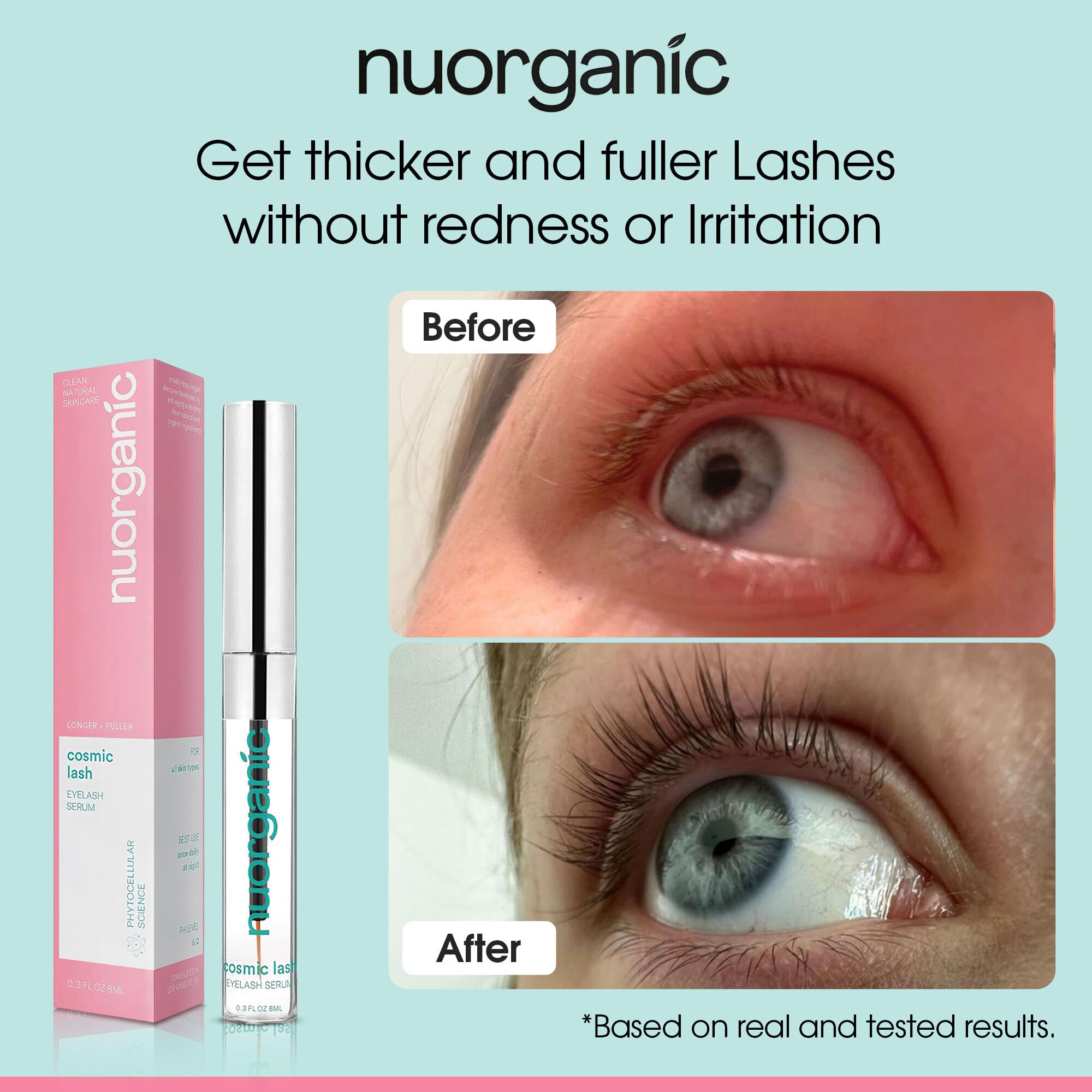NuOrganic Cosmic Lash clear serum drop showing lightweight texture and absorbency