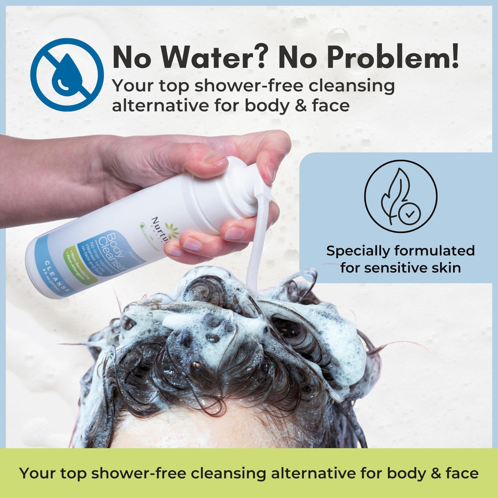 Nurture Valley pump dispensing foam into hand, quick no-rinse cleansing