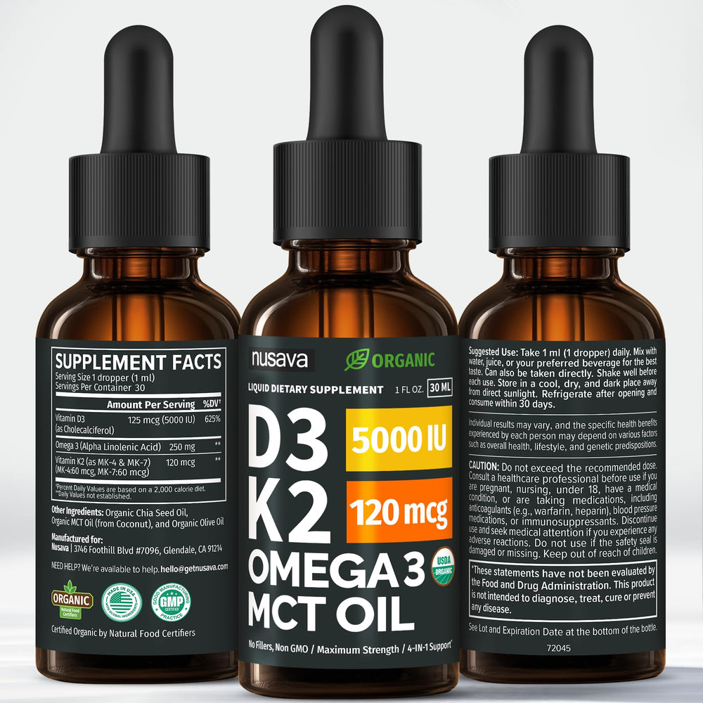 NUSAVA chia seeds close-up with label hinting at omega-3 plant source