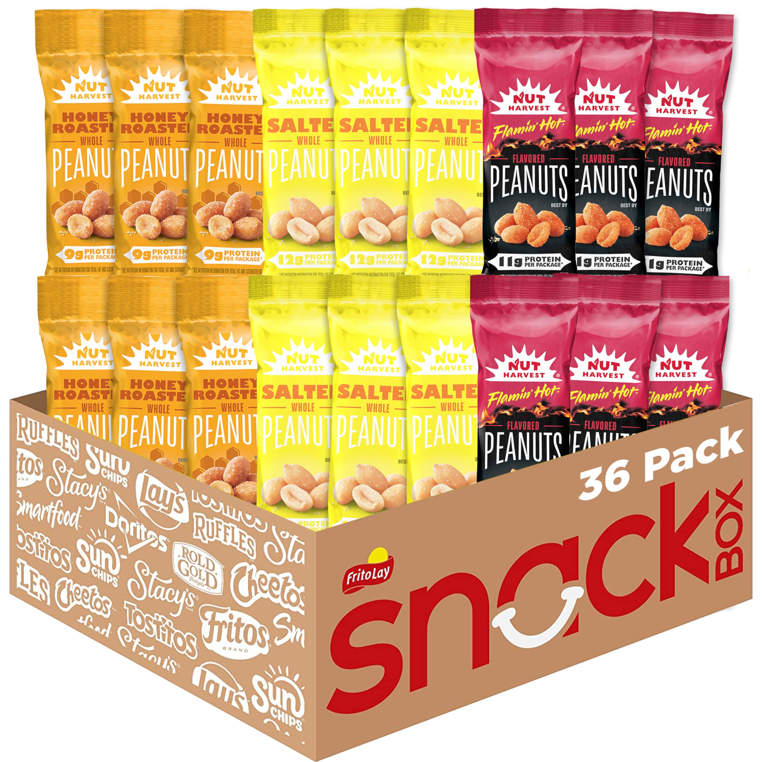 Nut Harvest front packaging variety pack showing 36 bags and flavor labels for easy selection and storage