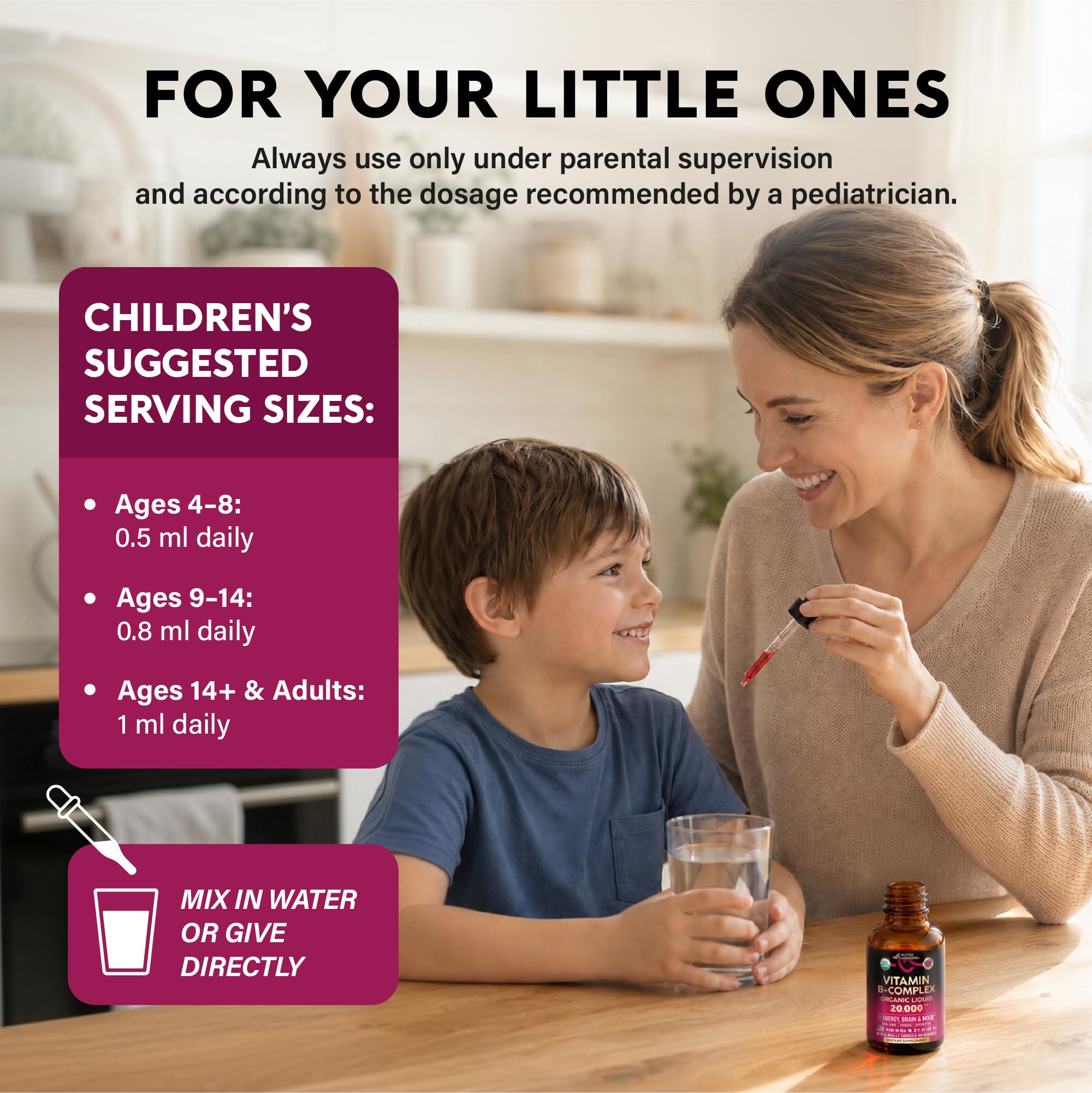 NUTRAHARMONY parent giving supervised child drops demonstrating family use